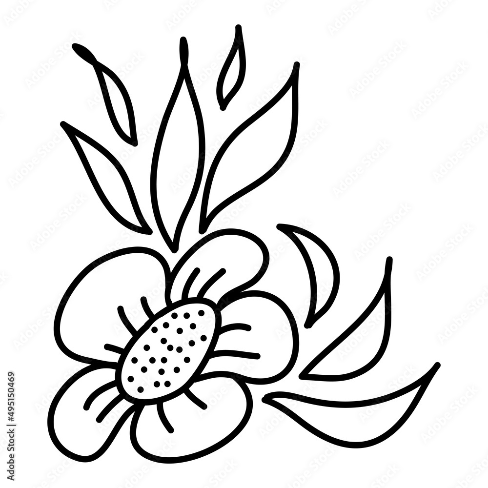 Doodle flower with leaves, corner design element hand drawn