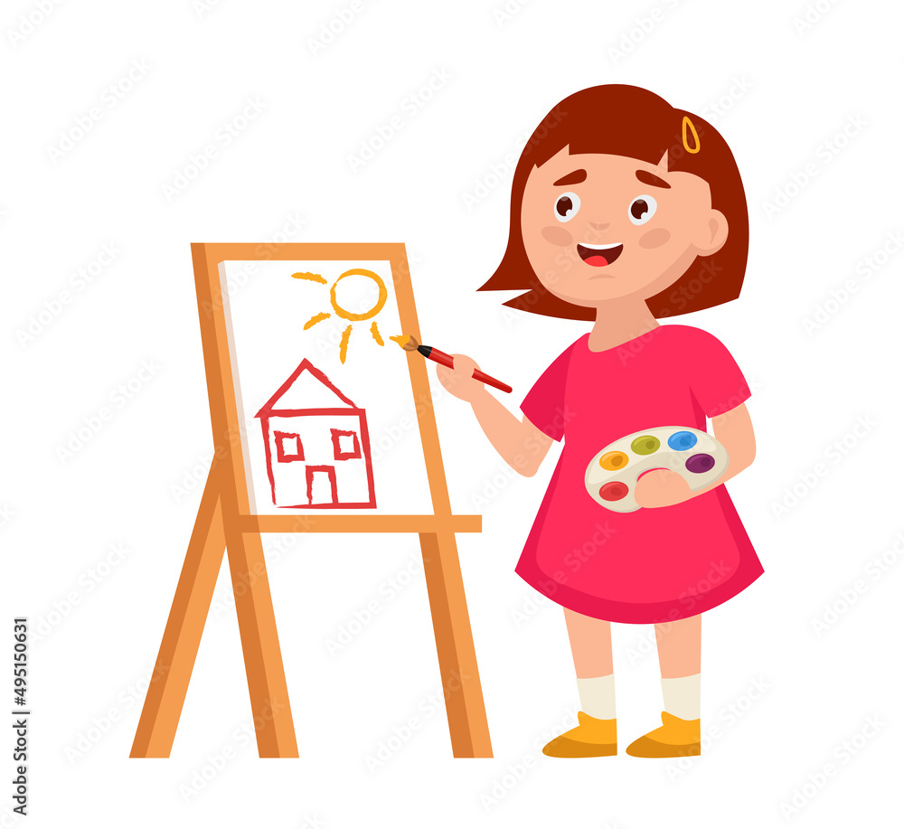 Little girl drawing a house on an easel. Vector cartoon illustration ...