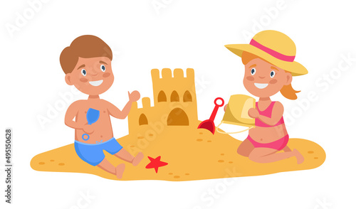 Little boy and girl making sandcastle at the  beach. Summer activities. Vector illustration