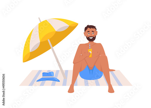 Young man sitting on a towel or blanket on the beach. Man relaxing at a summer resort. Rest and entertainment. Flat vector illustration