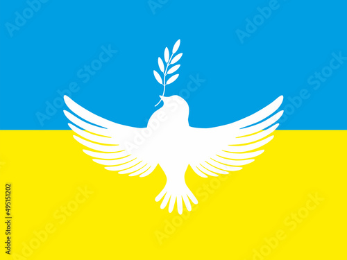 Peace dove with olive branch. Flat style vector illustration with white pigeon on background of Ukrainian flag.Pray for Ukraine. Stop the war.