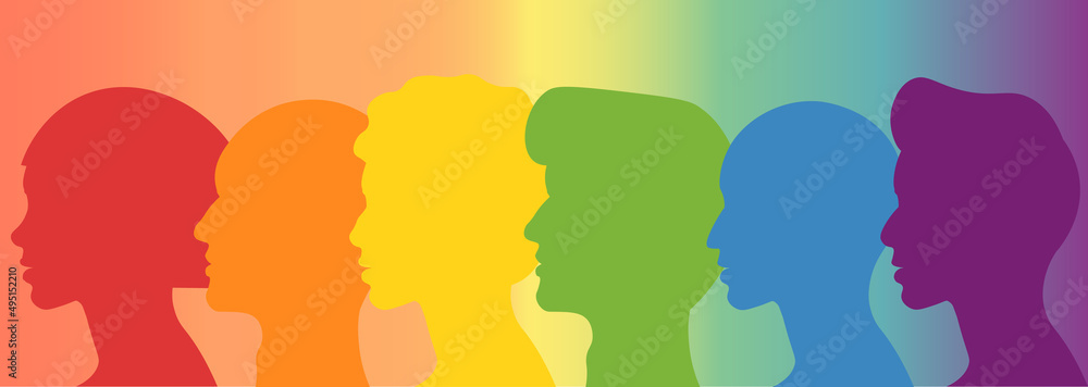 Silhouettes of LGBTQ+ people. Rainbow banner, color gradient. Pride Month. Conceptual vector flat illustration