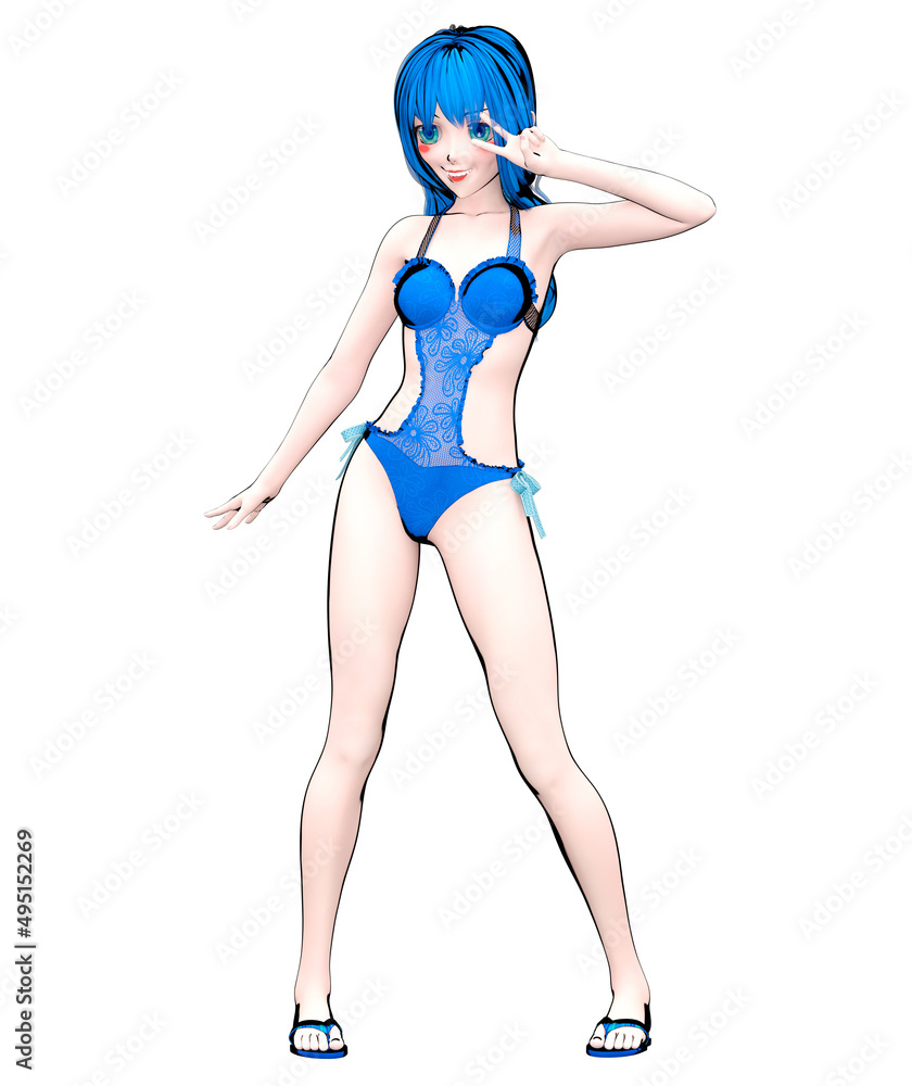 3D comics cosplay anime girl in swimsuit. 3D comics cosplay anime girl in swimsuit.
