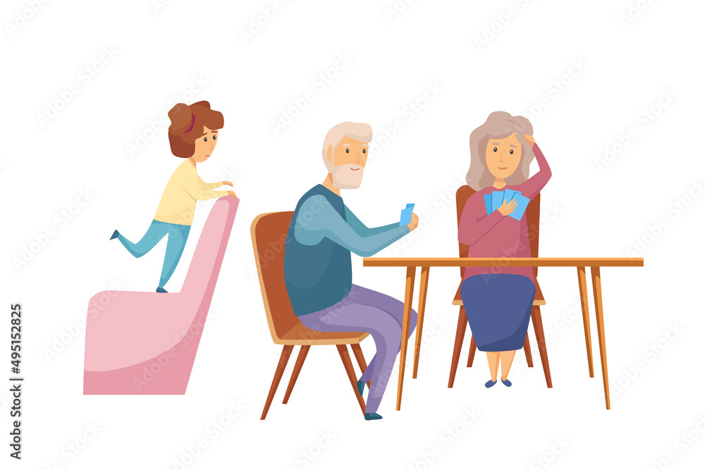 Seniors play cards. A little girl is watching the game. Vector cartoon illustration Seniors play cards. A little girl is watching the game. Vector cartoon illustration