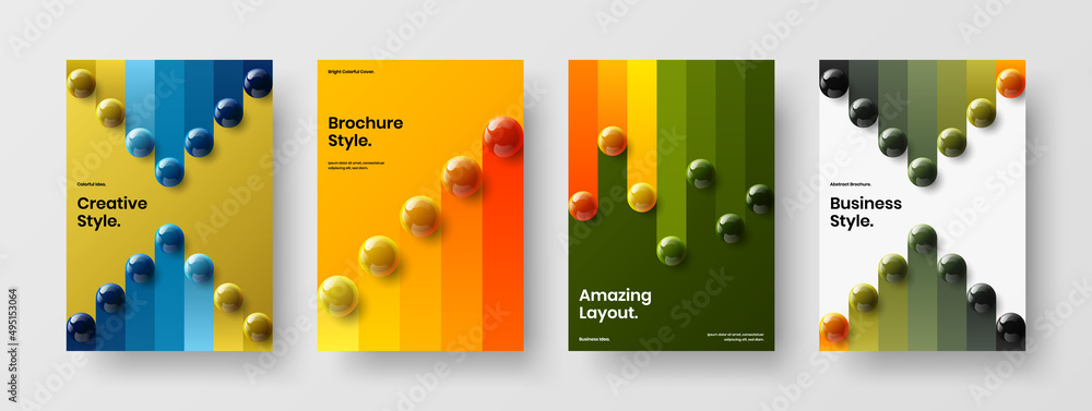 Bright 3D balls brochure layout composition. Isolated placard design vector concept bundle.