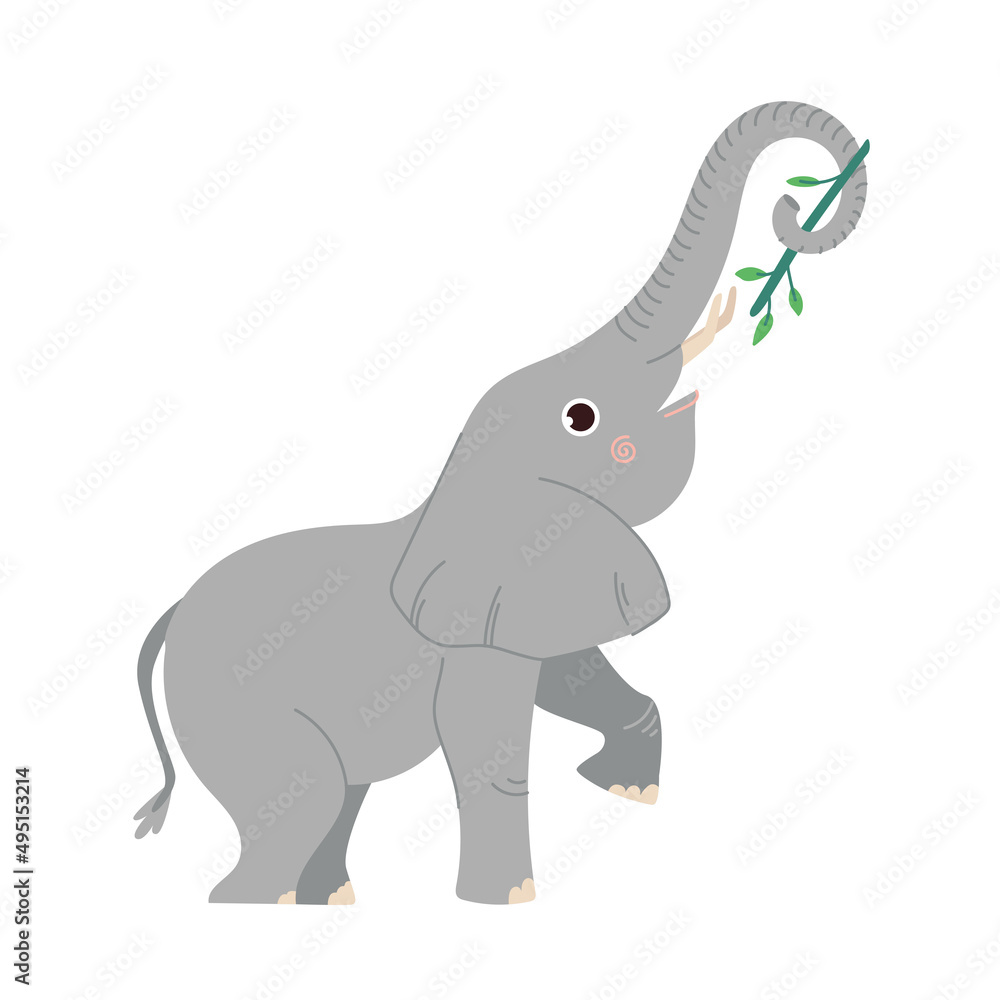Cute elephant flat vector Illustration. Large cartoon mammal isolated on white