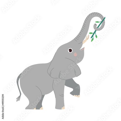 Cute elephant flat vector Illustration. Large cartoon mammal isolated on white