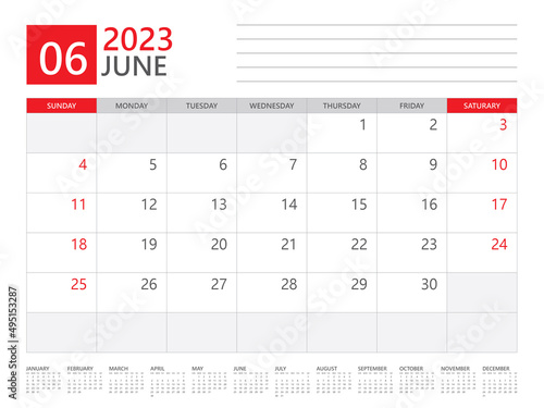 June 2023 year, Calendar planner 2023 and Set of 12 Months,  week start on Sunday. Desk calendar 2023 design, simple and clean design, Wall calendar, Corporate design planner template vector