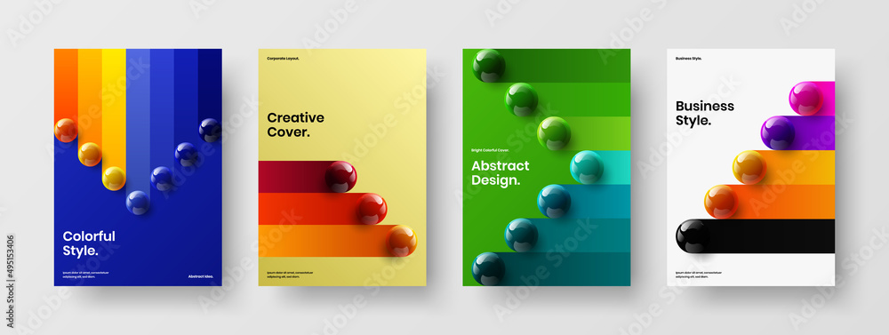 Isolated 3D spheres annual report concept composition. Geometric placard A4 design vector layout set.