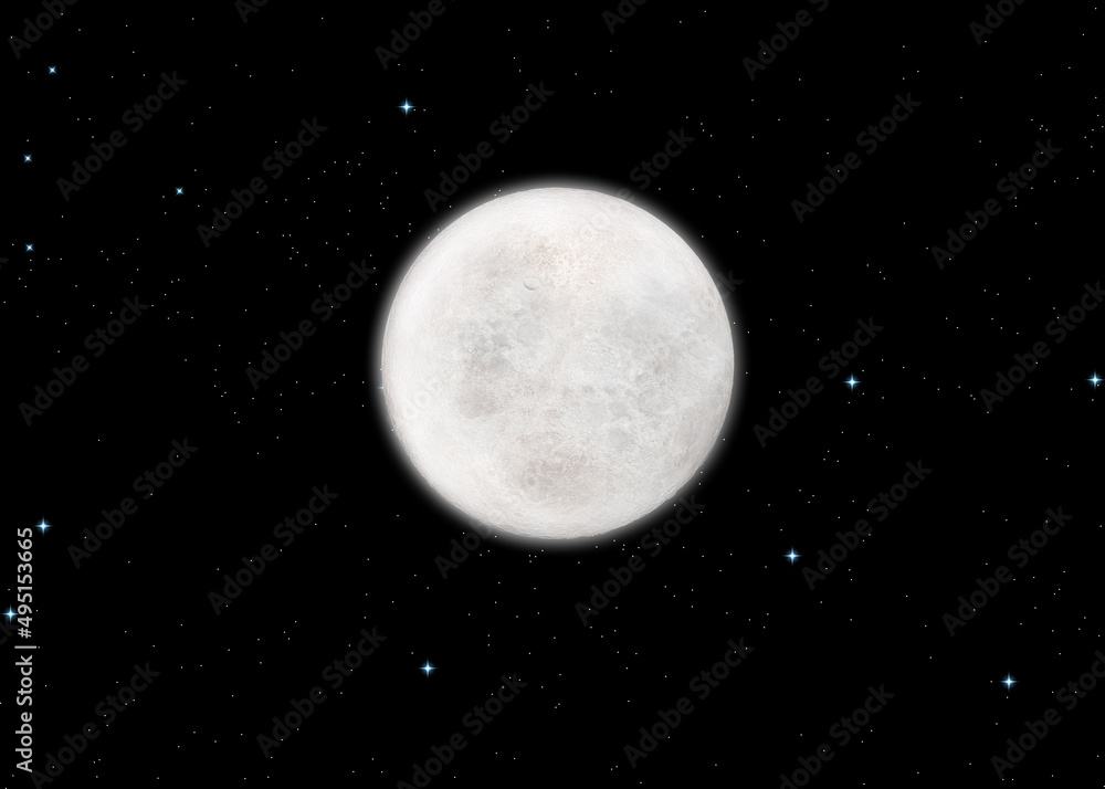 High resolution 3d render illustration of dark deep space, stars and moon. Best moon textured. Science astronomy, detailed lunar surface, black background.