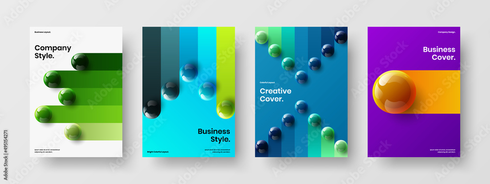 Bright 3D balls poster illustration set. Geometric placard vector design template collection.