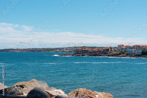 Seascape beach strewn with boulders. Sozopol, Bulgaria