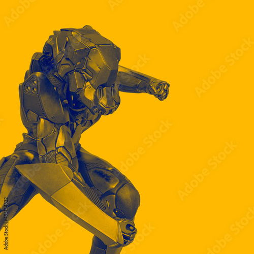 alien female soldier is doing a power pse close up in white background