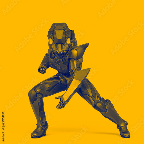 alien female soldier is ready for action in white background