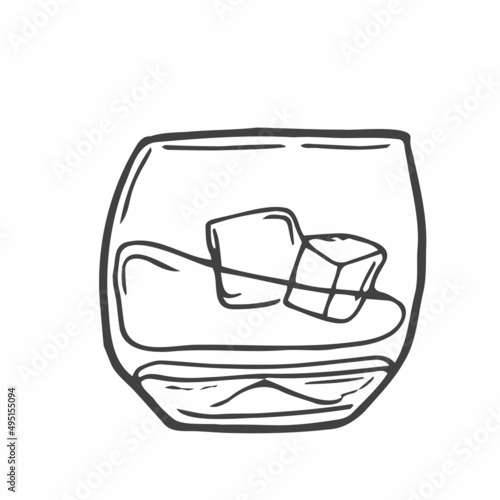 Doodle line drawing of whiskey in glass with ice cubes. Bar and restaurant concept minimalist design for logo isolated on white background. Vector illustration