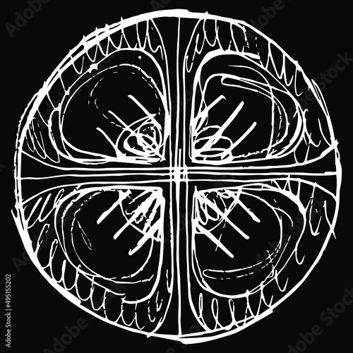 Round medieval Gothic mandala. Christian Catholic holy symbol. Hand drawn linear doodle rough sketch. White silhouette on black background.