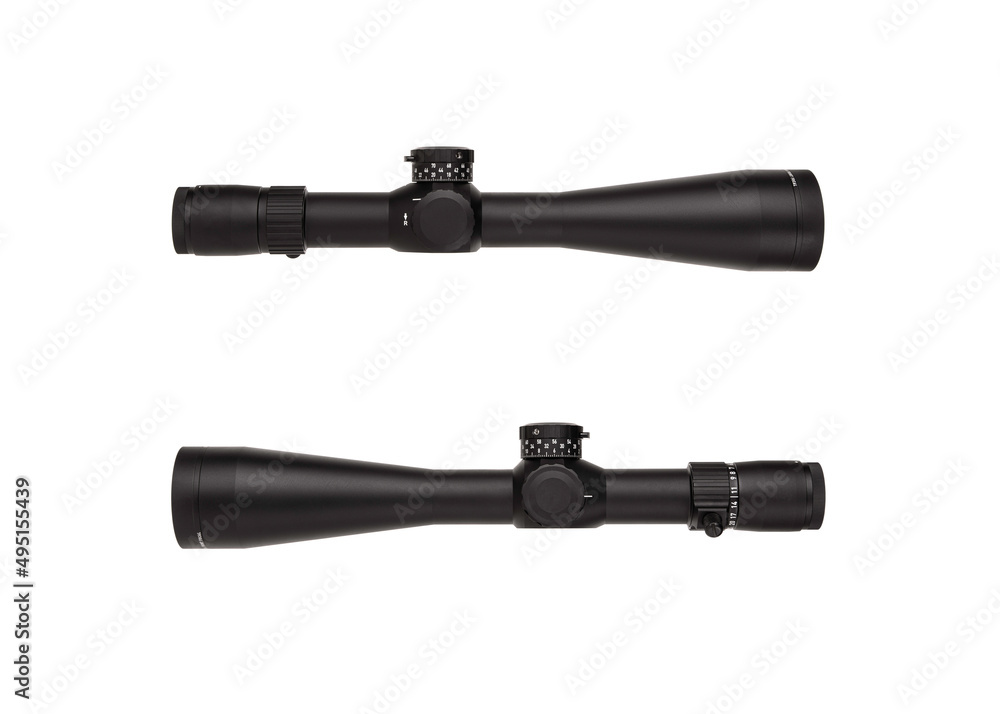 Modern black optical sight. Optical device for aiming at long distances. Isolate on a white back Modern black optical sight. Optical device for aiming at long distances. Isolate on a white back