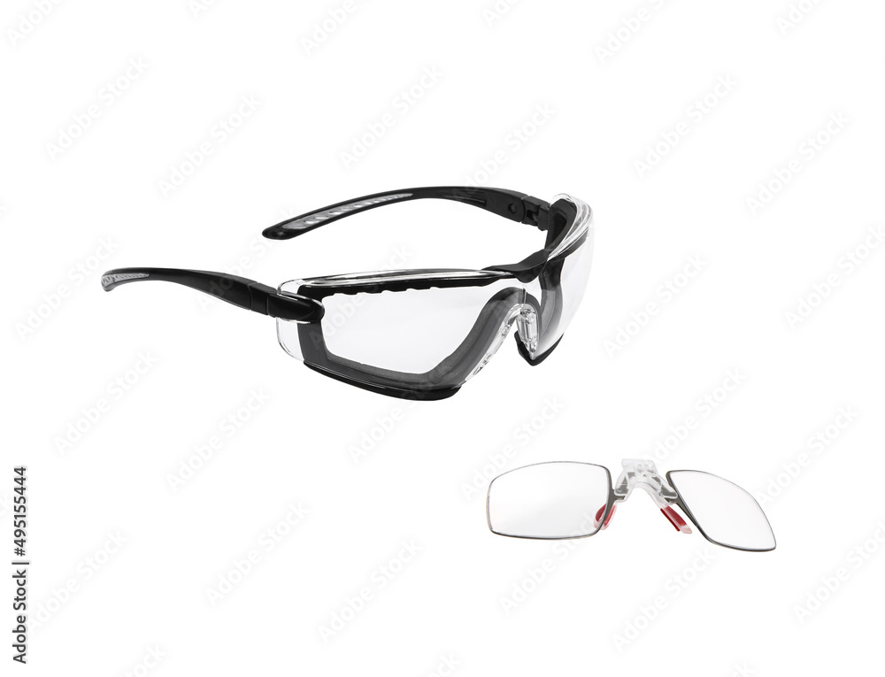 Modern safety goggles for athletes, shooters and workers. Eye protection goggles isolated on white back Modern safety goggles for athletes, shooters and workers. Eye protection goggles isolated on white back