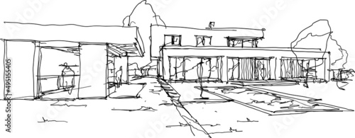 hand drawn architectural sketches of modern one story detached house with garden house and swimming pool and people around