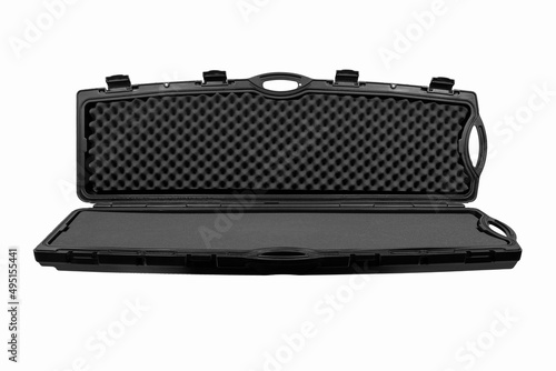 Black plastic case with foam inside. Weapon case isolate on white back. photo