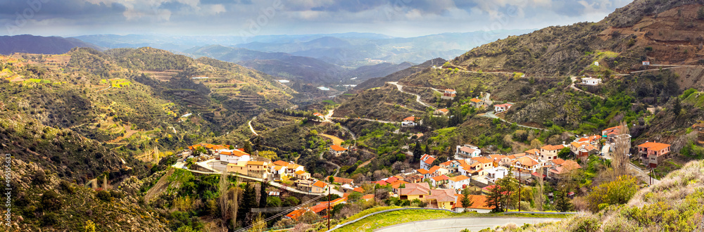 Fototapeta premium Panoramic view of the Melini village on the slopes of the Troodos Mountains, Republic of Cyprus