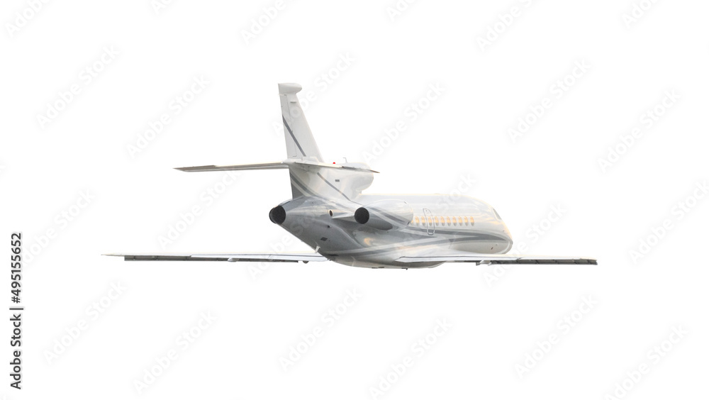 Modern corporate business jet during flight, isolated on white background, back view close up Modern corporate business jet during flight, isolated on white background, back view close up