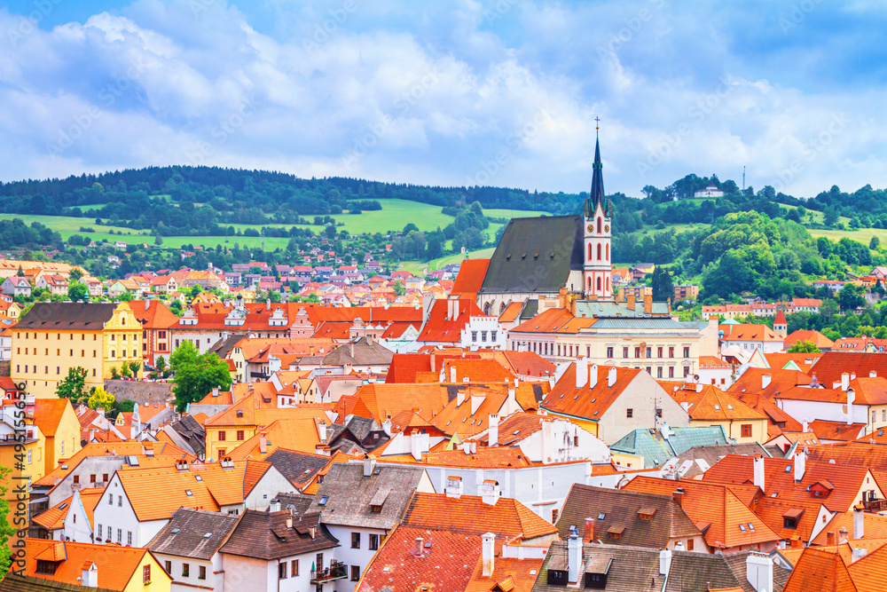 Summer cityscape - top view of the Old Town of Cesky Krumlov and its surroundings, Czech Republic