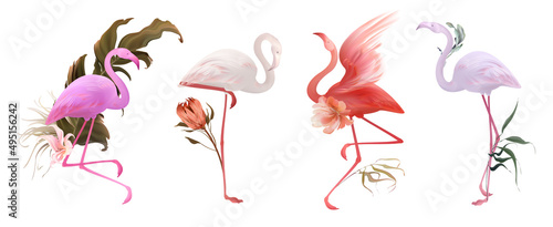 Tropical flamingo art, Wedding invitation frame set; flowers, leaves, watercolor. Sketched wreath, floral and herbs garland with green, palm leaves. Handdrawn Vector Watercolour style, nature art.