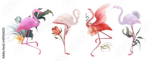 Tropical flamingo art, Wedding invitation frame set; flowers, leaves, watercolor. Sketched wreath, floral and herbs garland with green, palm leaves. Handdrawn Vector Watercolour style, nature art.