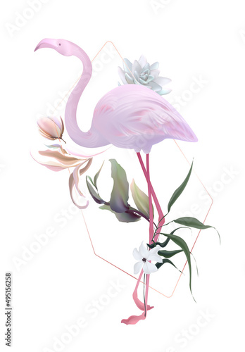 Tropical flamingo art, Wedding invitation frame set; flowers, leaves, watercolor. Sketched wreath, floral and herbs garland with green, palm leaves. Handdrawn Vector Watercolour style, nature art.
