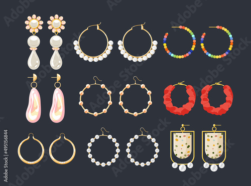 Earrings jewelry accessories vector set. Gold and diamond pearl gemstones pendant vector illustration. Stud hoop drop dangle earrings designs. Flat style illustration