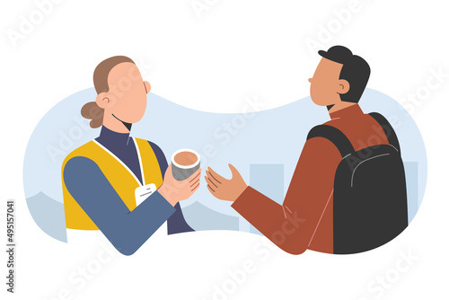 Young woman volunteering, serving hot drinks, female volunteer wearing reflective vest and badge helping refugees, charity work, humanitarian aid, editable vector cartoon illustration