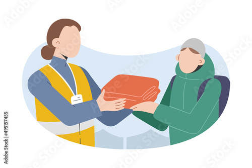 Female volunteer helping refugees, distributing warm blankets and clothes, working in refugees facility, young woman doing charity work, volunteering, wearing yellow vest, badge, vector illustration