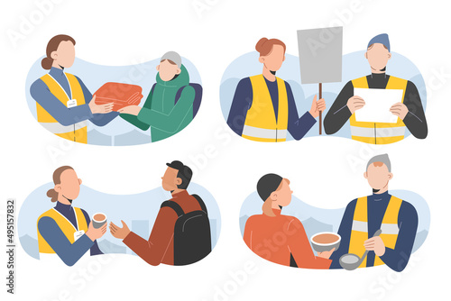Volunteers helping refugees, serving food, giving blankets, preparing hot meals, people volunteering, wearing safety vests, badges, helping and supporting community, charity work, vector illustration