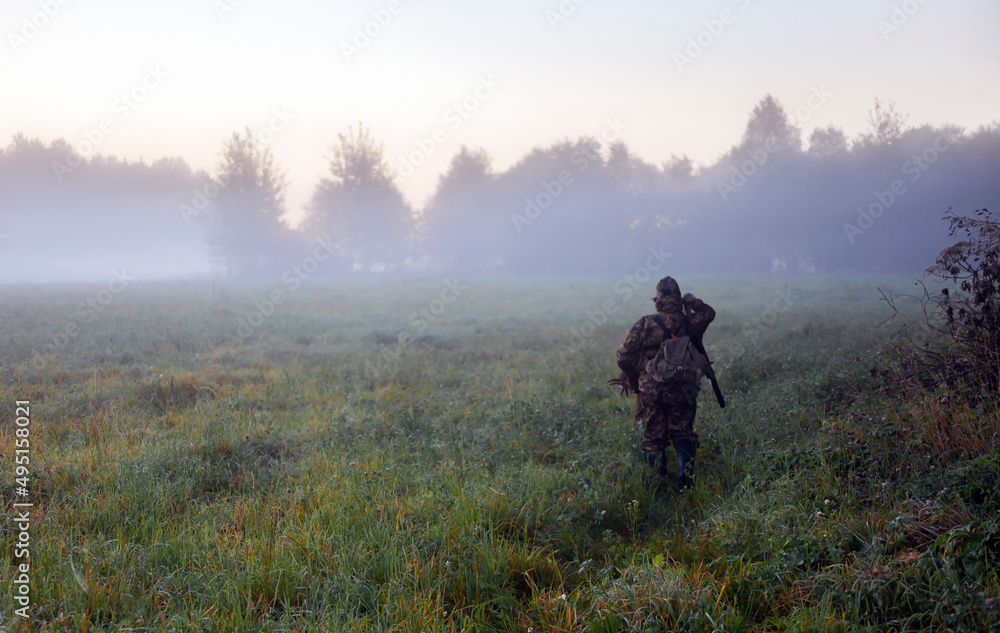Hunter with gun in the morning fog at the edge of the field.