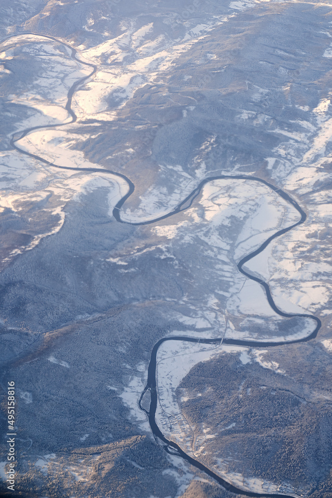 Aerial view of Stryi River near Lastivka village not far from Skhidnytsia