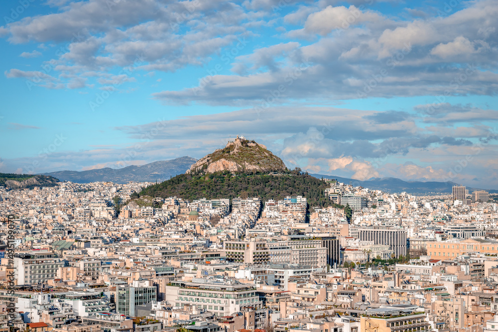 Panorama of the Athens' skyline, Greece, with the Lycabettus Mount. Photo taken from the Acropolis hill.