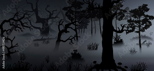 Dark spooky forest with gradient alteration from black at the heart of the forest to foggy gray at forest edge. Hazy silhouette halloween illustration