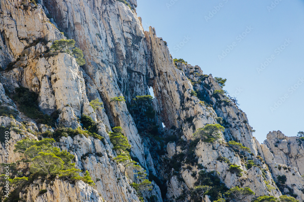 Breach in the rock of the cliffs of the Calanque de l'Eissadon on a summer day in France