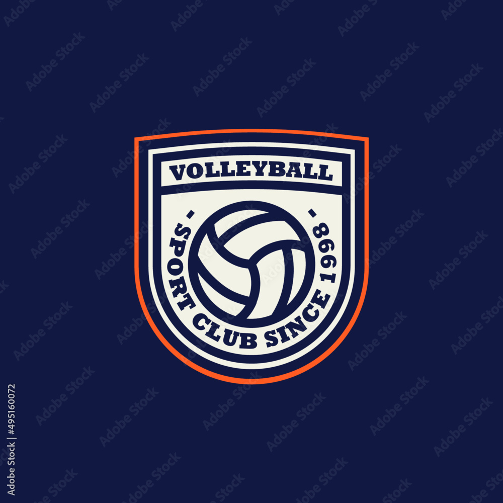 Volleyball Team Sport colorful  vintage logo. Blue and red emblem. Retro ball Logo on light and dark blue background	