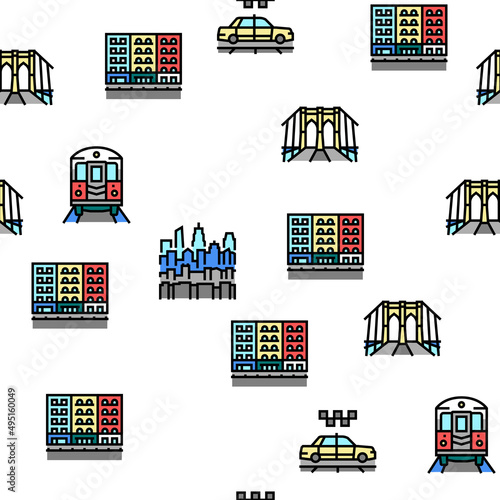 New York American City Landmarks Vector Seamless Pattern Thin Line Illustration