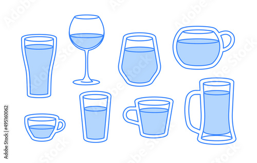 Collection of drinks. Blue outline illustration for web design, menu. Set of different glasses and cups. Coffee, tea, wine, juice, beer, water, cocktail. 