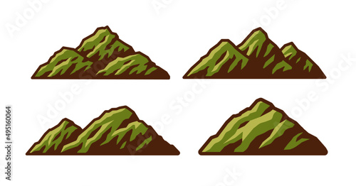 Set of Green mountains vector illustrations. Mountain tops outdoor landscape, hilltop, hiking mountain valley landscape vector illustration set. Range rock, mountain rocky environment top
