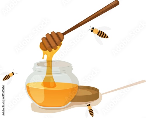 Honey jar and wooden dipper icon on white background vector illustration. Cute cartoon character.Save bees.Jar with honey or syrup. natural bee honey.