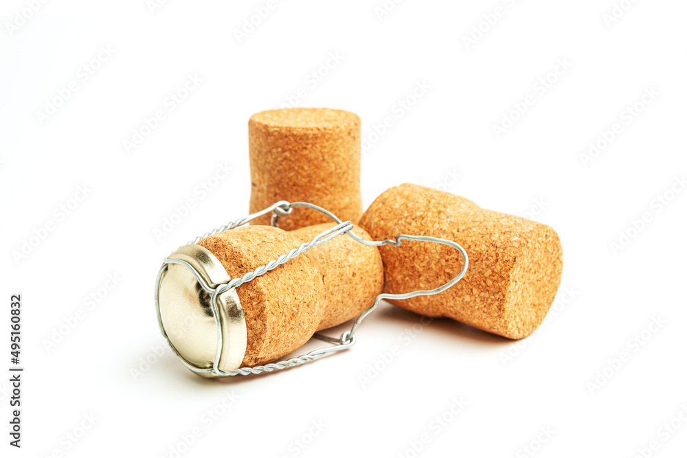Wine corks from glass bottles on a white background Wine bottle opener with cork stoppers.