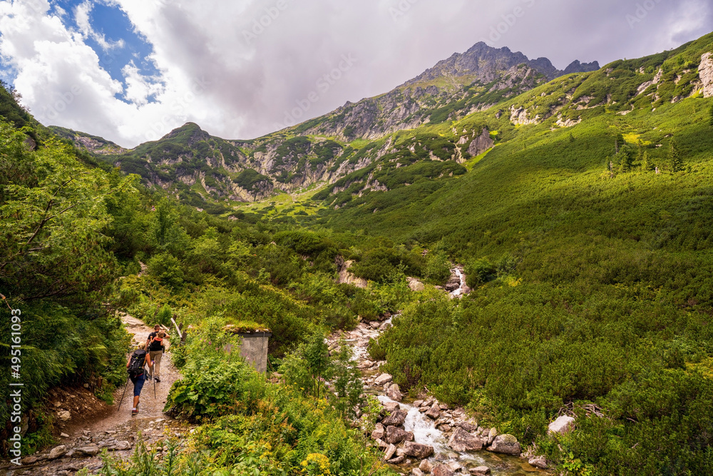 Zakopane, Poland - 14 August, 2021: People with backpack hike on a hiking trail next to water stream in the polish tatra mountains against blue summer sky Zakopane, Poland - 14 August, 2021: People with backpack hike on a hiking trail next to water stream in the polish tatra mountains against blue summer sky