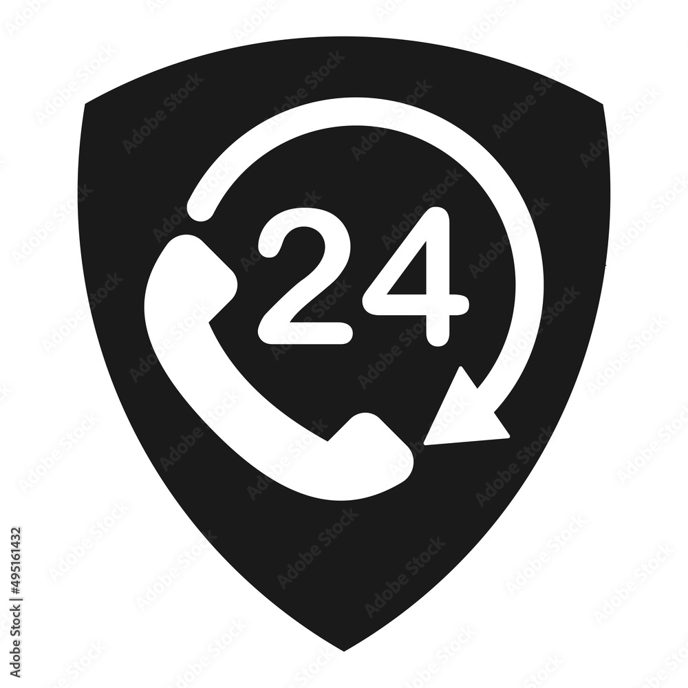 Customer support icon on black shield sign frame. Open 24 hours help desk service assistance contact symbol. Vector illustration. Customer support icon on black shield sign frame. Open 24 hours help desk service assistance contact symbol. Vector illustration.