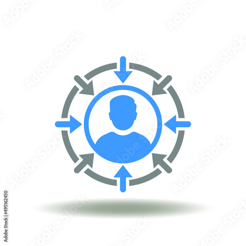 Vector illustration of man with arrows inside center. Icon of customer centricity. Symbol of client-oriented and customer focus. Sign of client centred.