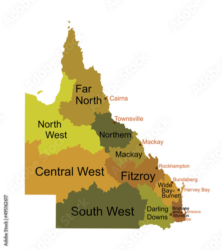 Queensland map vector silhouette illustration isolated on white background. Australian continent territory symbol. Country in Australia, part of United Kingdom in Oceania.