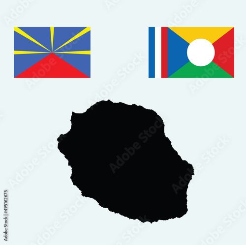La Reunion vector map and flag vector silhouette illustration isolated on white background. Reunion flag. Europe Union territory in Indian ocean island. part of France. French territory.